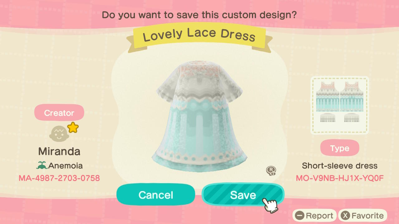 Animal Crossing Design Code: MO-V9NB-HJ1X-YQ0F Lovely Lace Dress