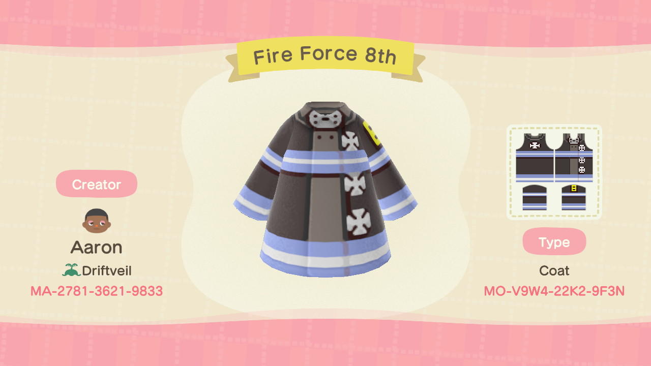 Animal Crossing Design Code: MO-V9W4-22K2-9F3N Fire Force Coat v2