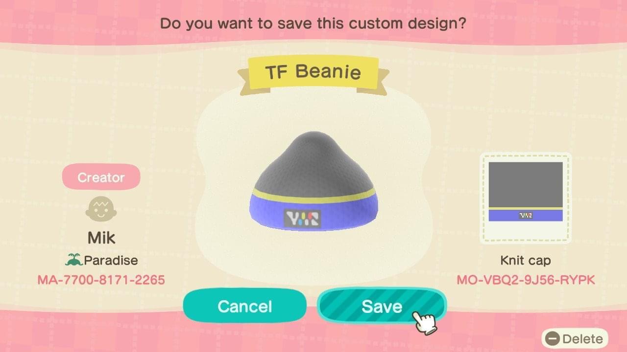 Animal Crossing Design Code: MO-VBQ2-9J56-RYPK TF Beanie