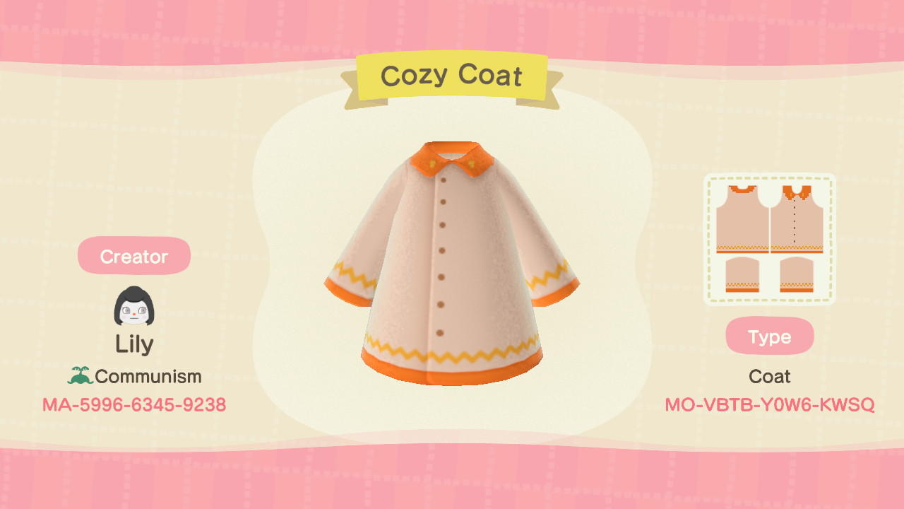 Animal Crossing Design Code: MO-VBTB-Y0W6-KWSQ Cozy Coat