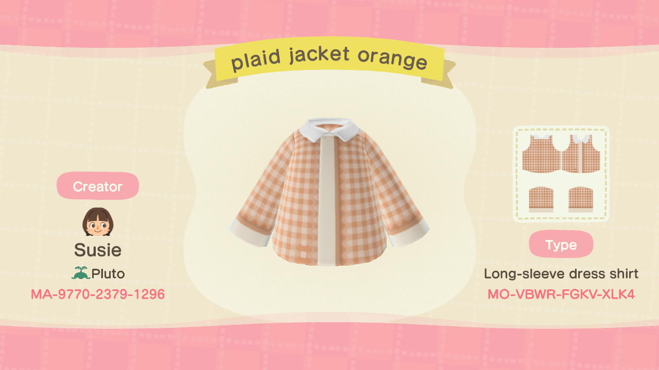 Animal Crossing Design Code: MO-VBWR-FGKV-XLK4 plaid jacket orange