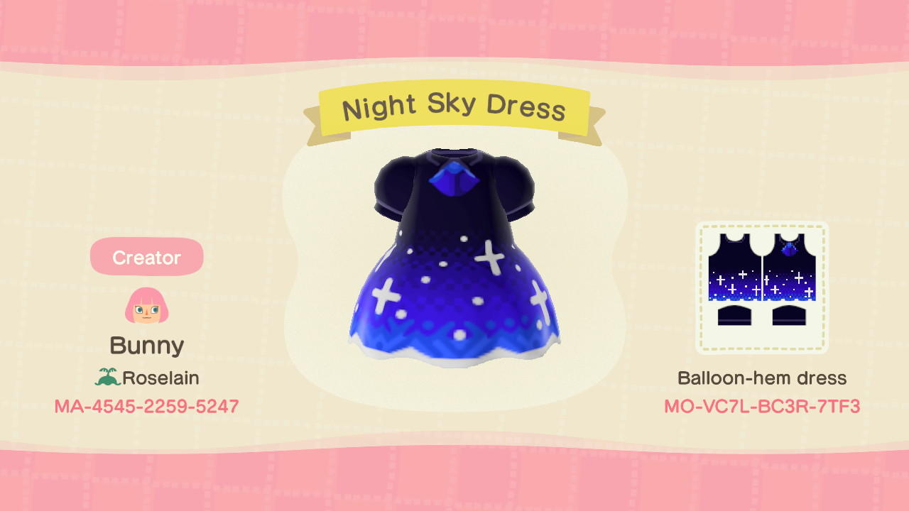 Animal Crossing Design Code: MO-VC7L-BC3R-7TF3 Night Sky Dress