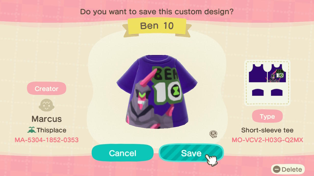 Animal Crossing Design Code: MO-VCV2-H03G-Q2MX Ben 10 Chromastone