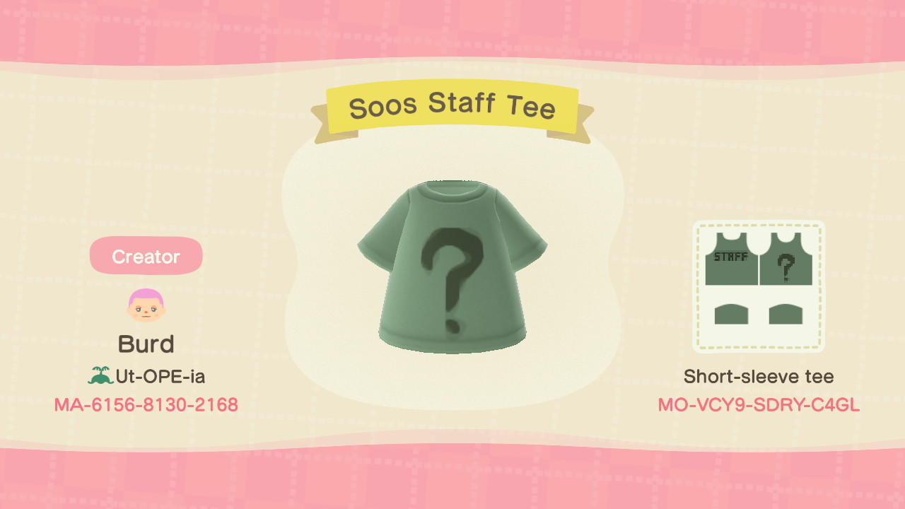 Animal Crossing Design Code: MO-VCY9-SDRY-C4GL Soos Staff Tee