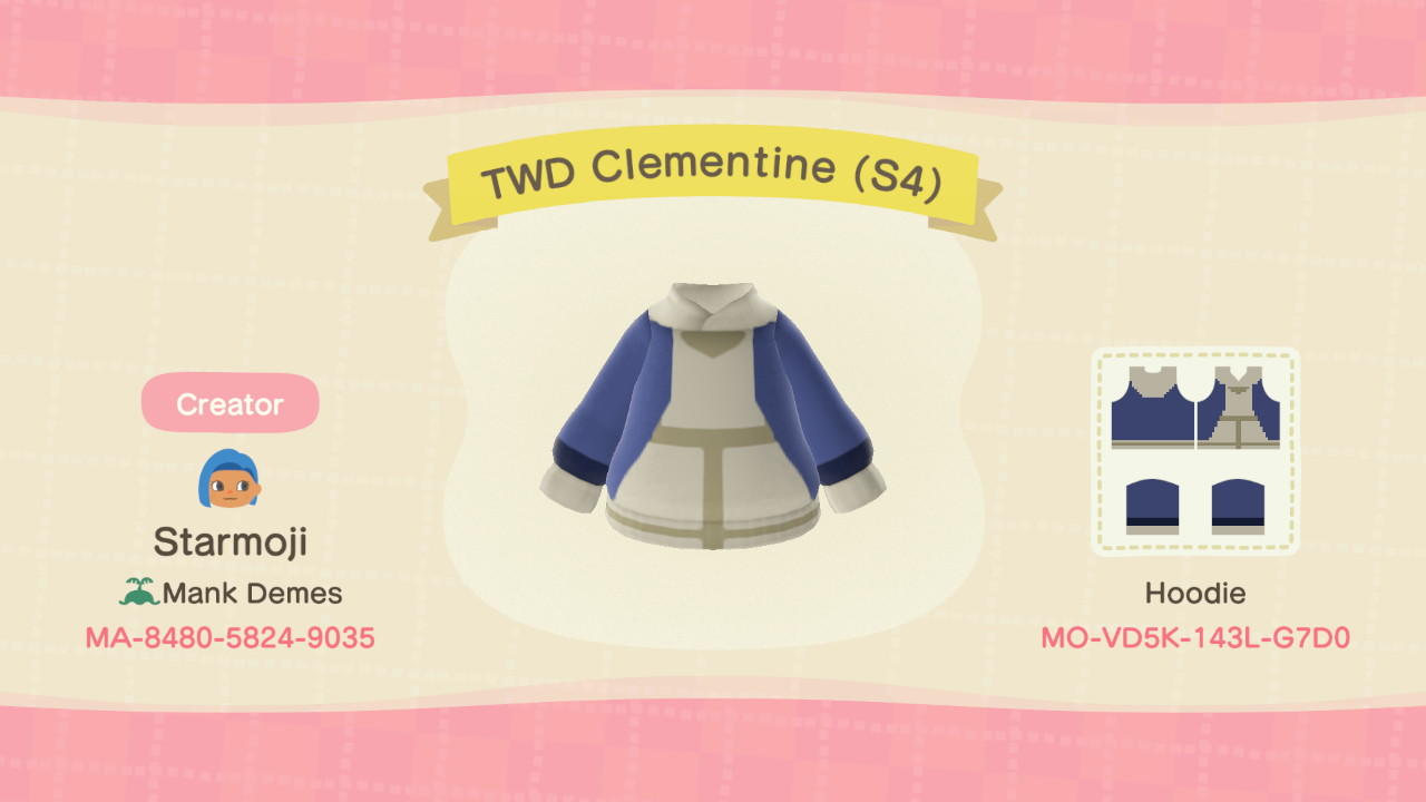 Animal Crossing Design Code: MO-VD5K-143L-G7D0 TWD Clementine (S4)