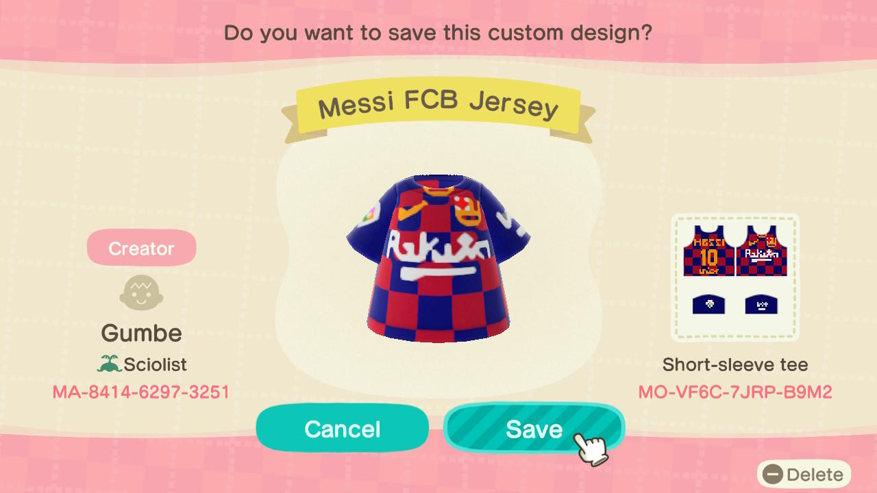 Animal Crossing Design Code: MO-VF6C-7JRP-B9M2 Messi FCB Jersey