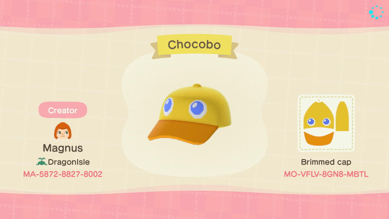 Animal Crossing Design Code: MO-VFLV-8GN8-MBTL Chocobo Hat
