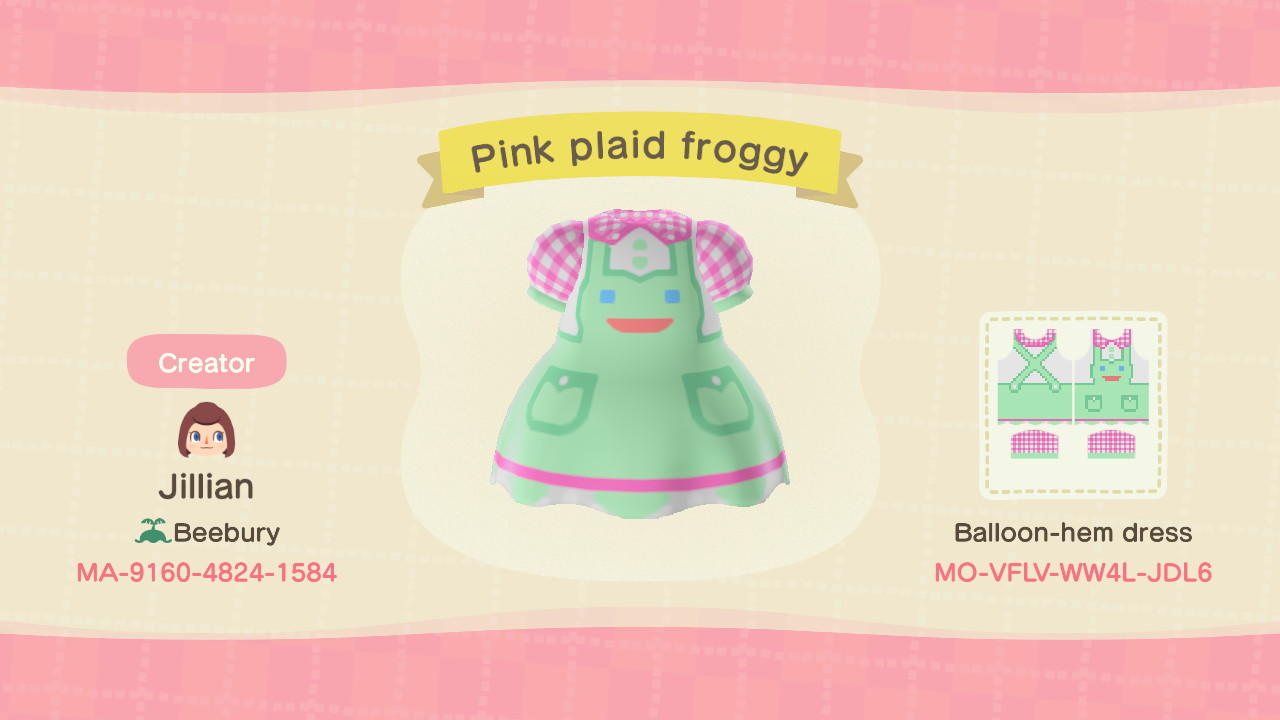 Animal Crossing Design Code: MO-VFLV-WW4L-JDL6 Pink plaid froggy