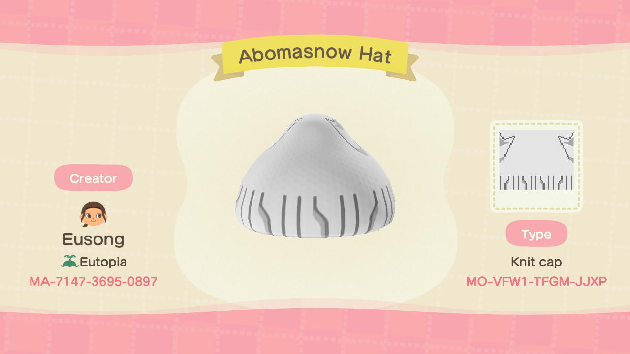 Animal Crossing Design Code: MO-VFW1-TFGM-JJXP Abomasnow Hat