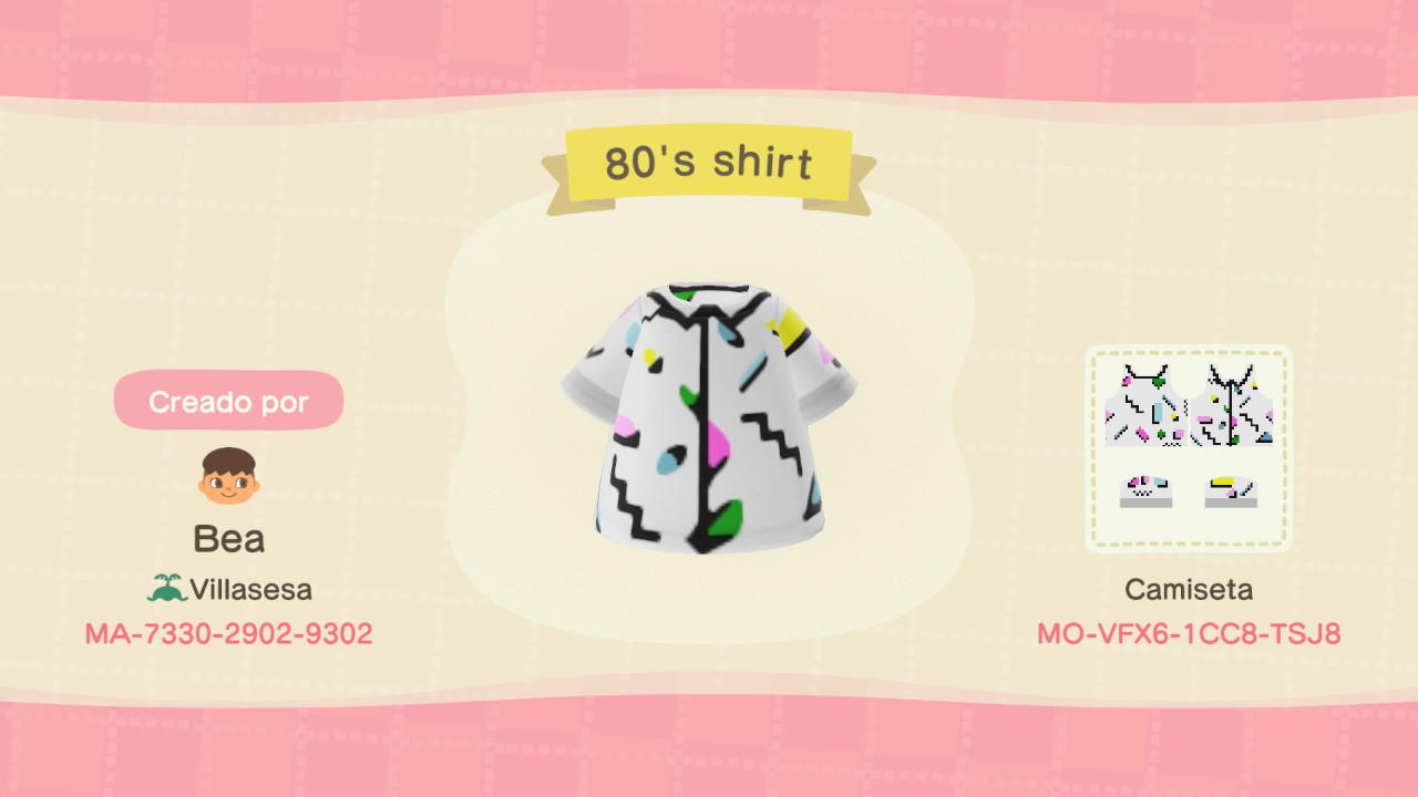 Animal Crossing Design Code: MO-VFX6-1CC8-TSJ8 80&#39;s shirt