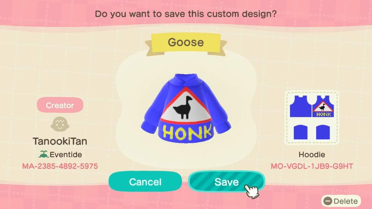 Animal Crossing Design Code: MO-VGDL-1JB9-G9HT Goose Honk