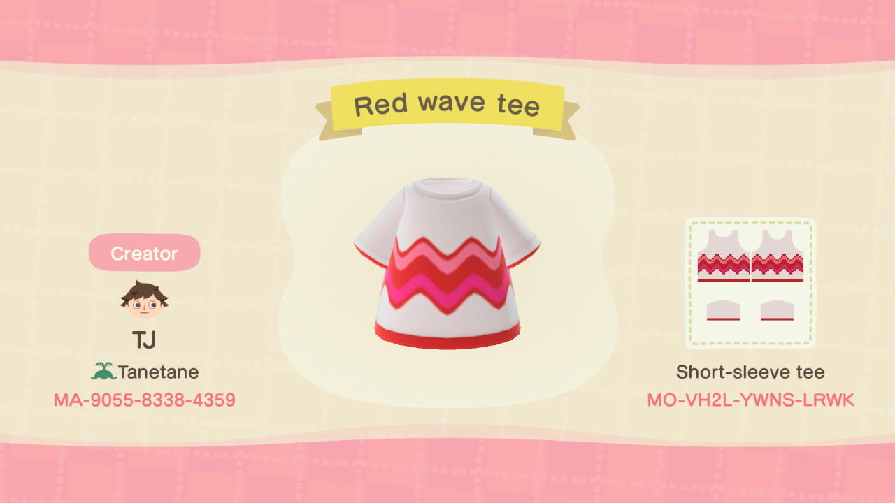Animal Crossing Design Code: MO-VH2L-YWNS-LRWK Red wave tee