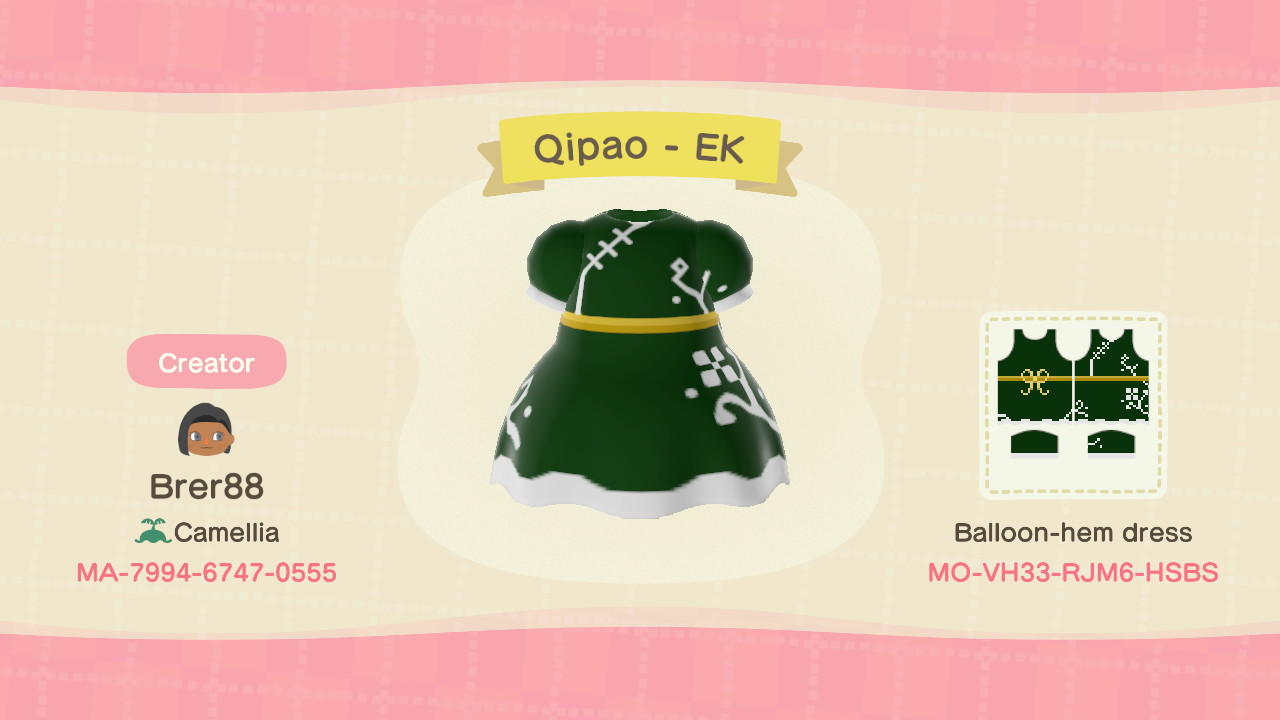 Animal Crossing Design Code: MO-VH33-RJM6-HSBS Qipao -Earth Kingdom