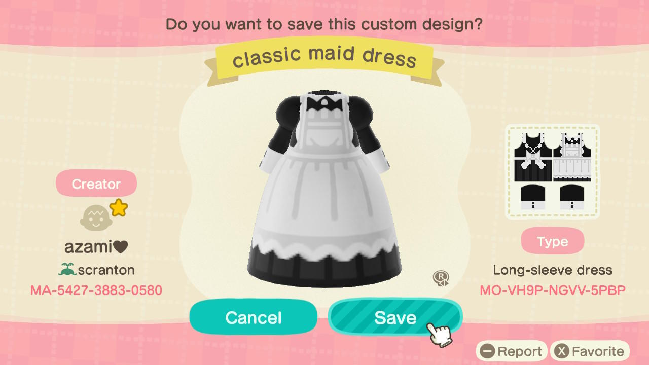 Animal Crossing Design Code: MO-VH9P-NGVV-5PBP classic maid dress