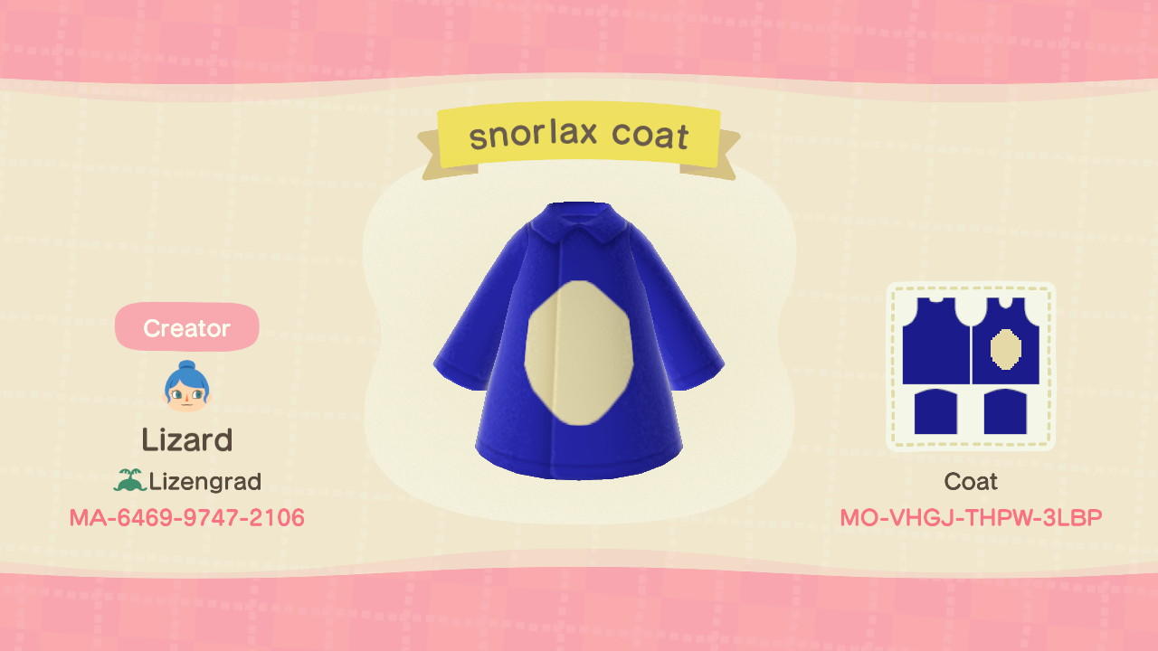 Animal Crossing Design Code: MO-VHGJ-THPW-3LBP Snorlax coat