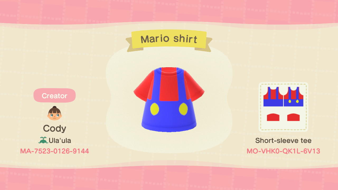 Animal Crossing Design Code: MO-VHK0-QK1L-6V13 Mario shirt