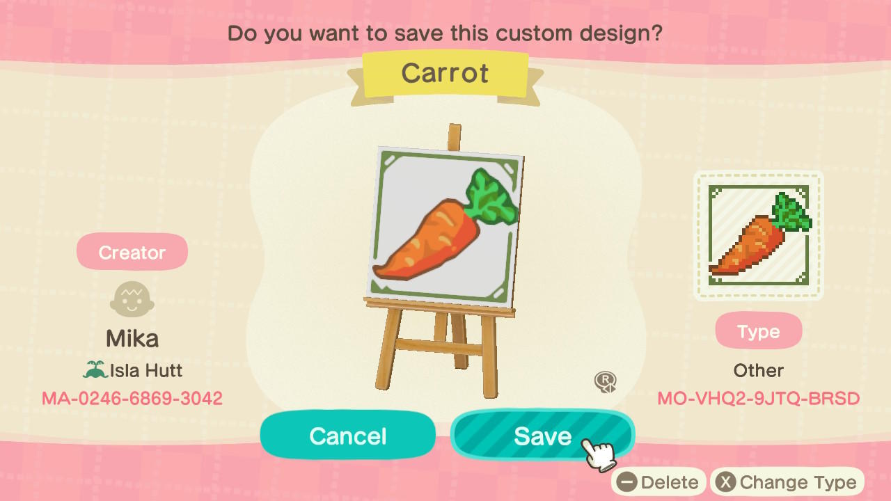 Animal Crossing Design Code: MO-VHQ2-9JTQ-BRSD Carrot Farm Sign