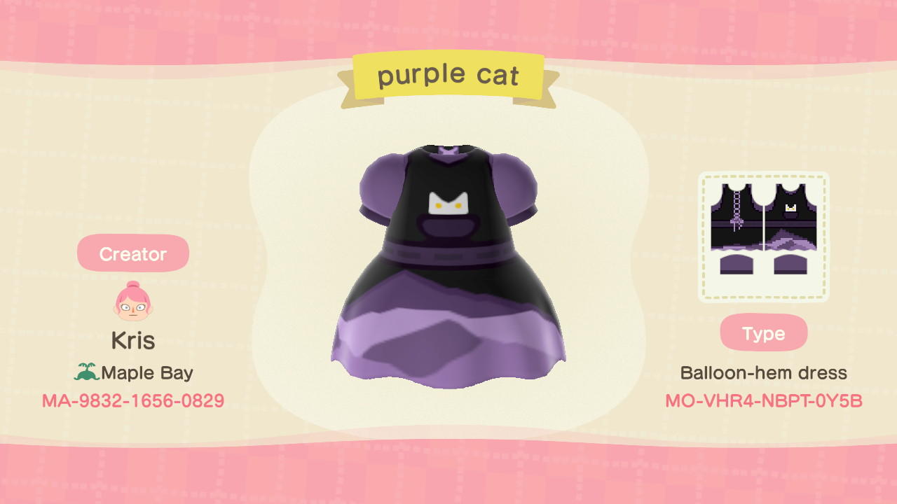 Animal Crossing Design Code: MO-VHR4-NBPT-0Y5B Purple Pocket Cat