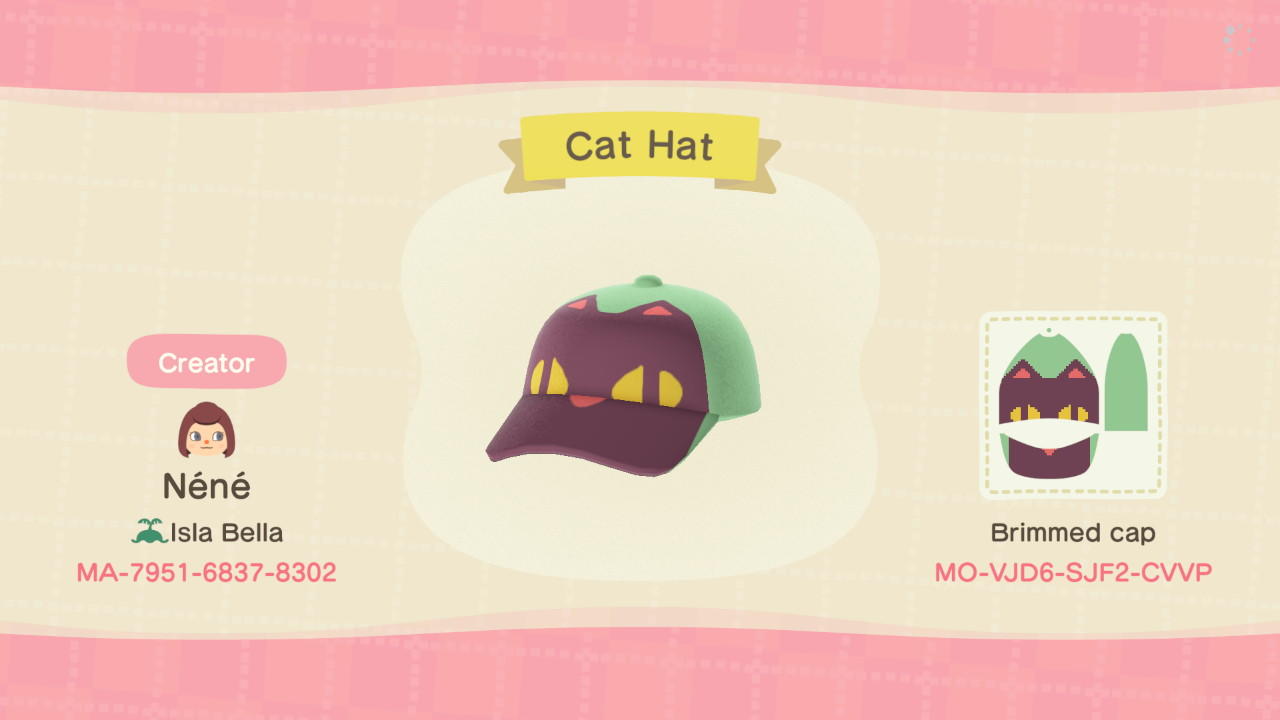 Animal Crossing Design Code: MO-VJD6-SJF2-CVVP Cat Hat