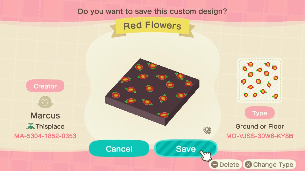 Animal Crossing Design Code: MO-VJSS-30W6-KY8B Red Flowers (1)