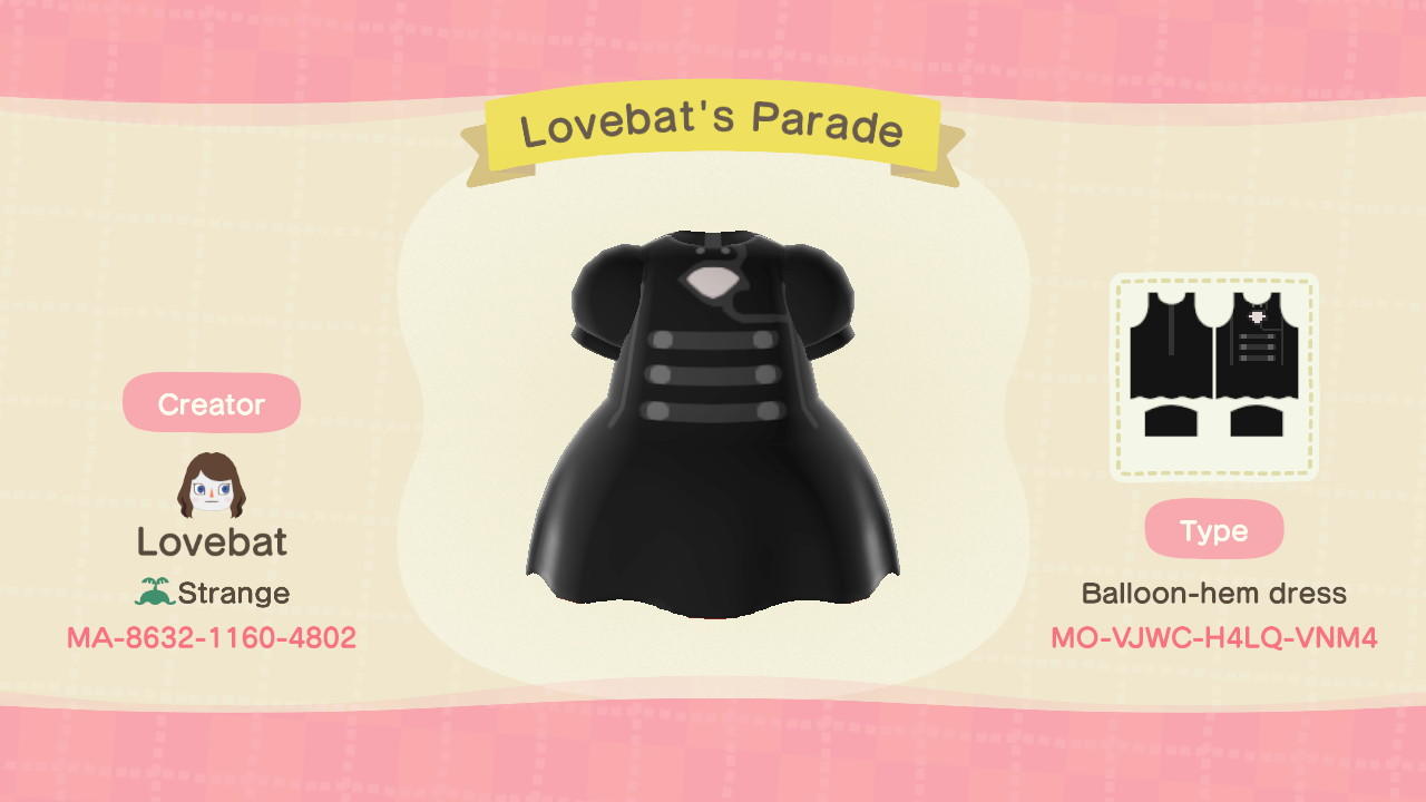 Animal Crossing Design Code: MO-VJWC-H4LQ-VNM4 Lovebat’s Parade