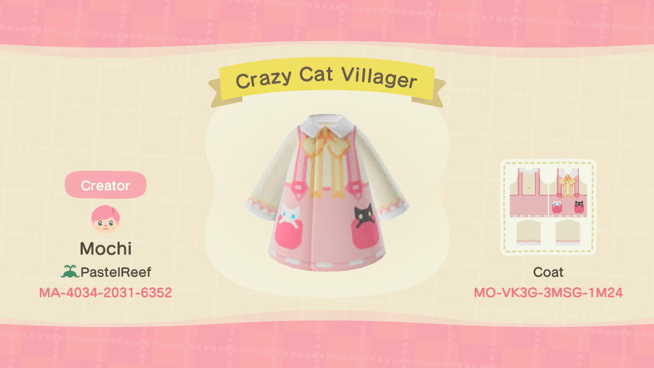 Animal Crossing Design Code: MO-VK3G-3MSG-1M24 Crazy Cat Villager