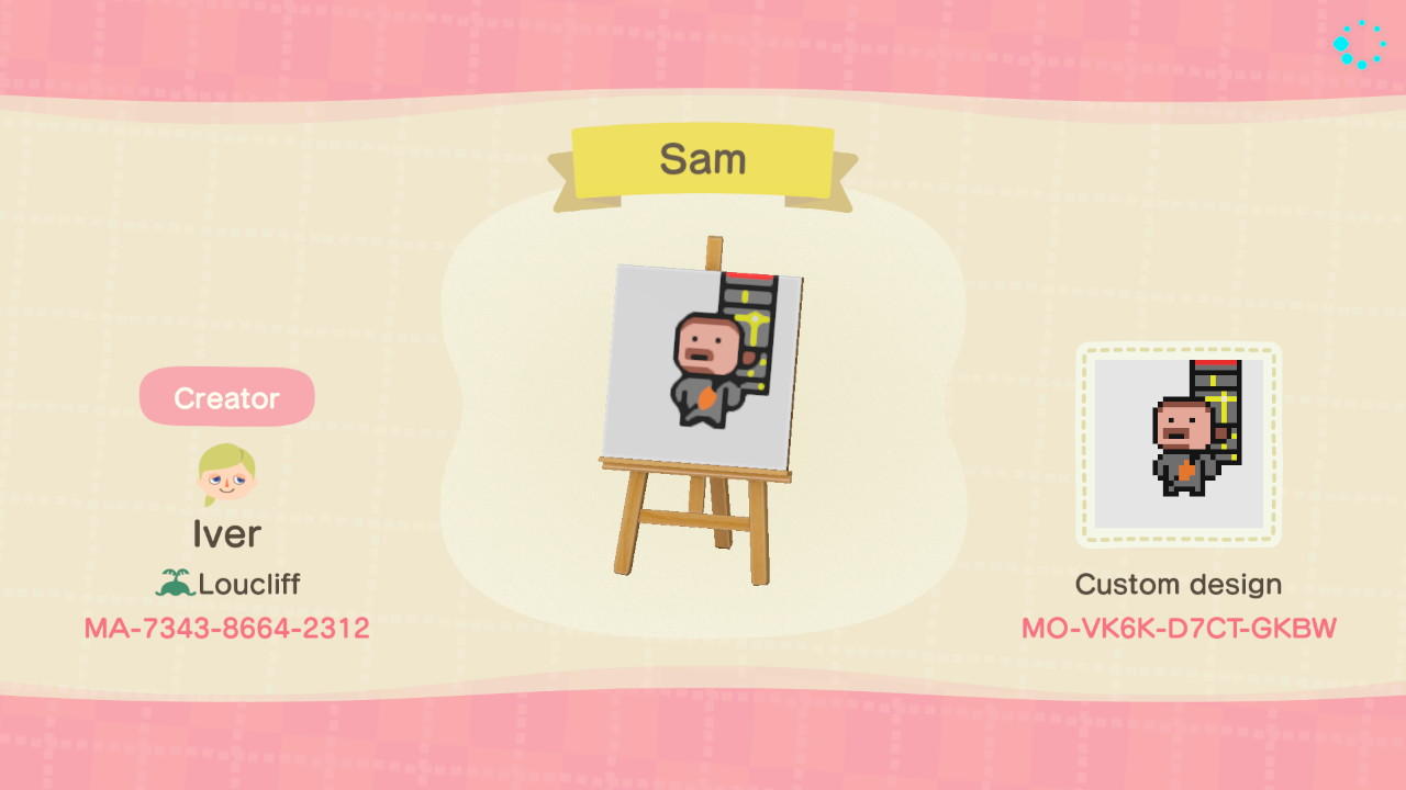 Animal Crossing Design Code: MO-VK6K-D7CT-GKBW Sam
