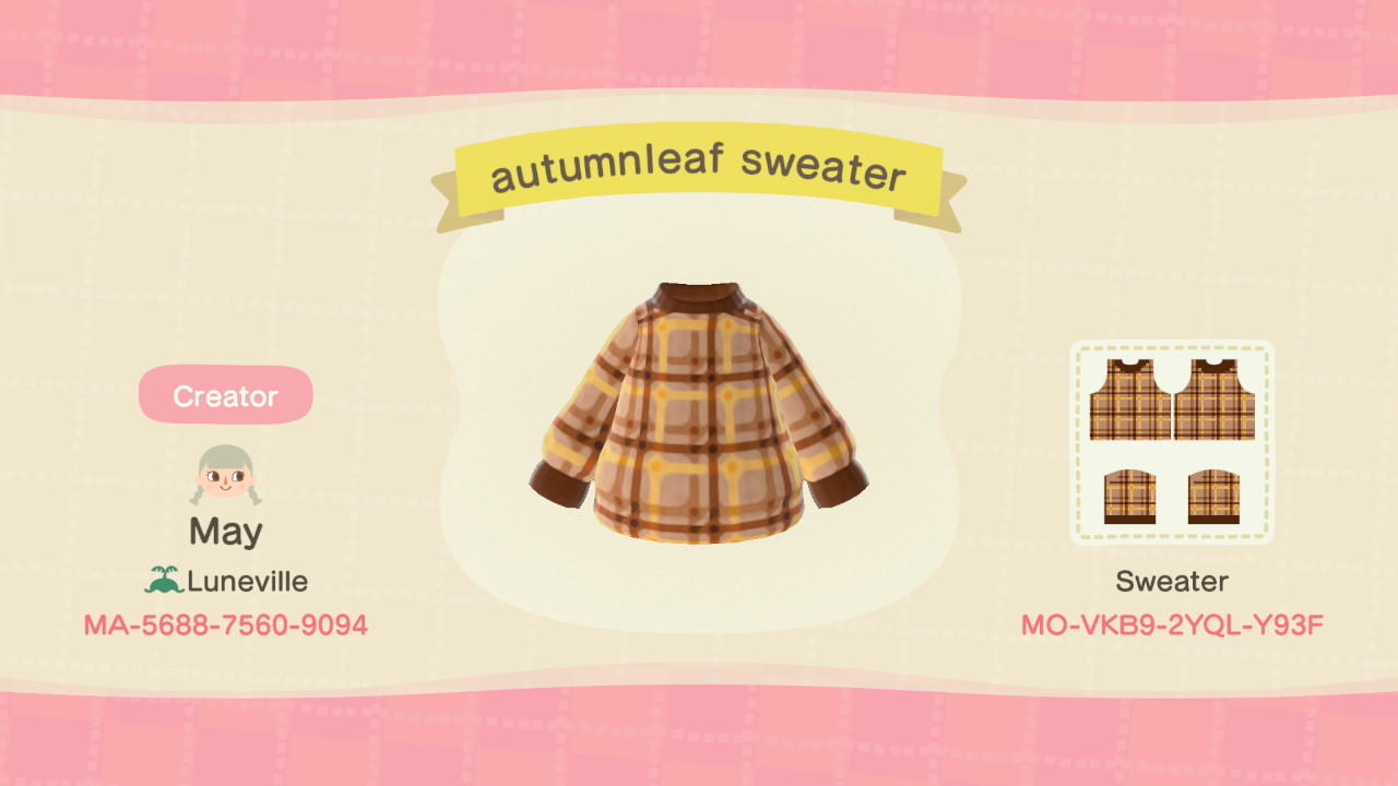 Animal Crossing Design Code: MO-VKB9-2YQL-Y93F autumnleaf sweater