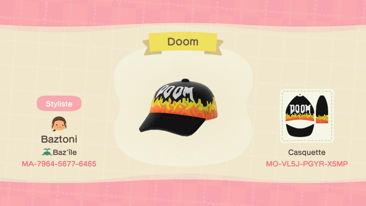Animal Crossing Design Code: MO-VL5J-PGYR-X5MP Doom Hat