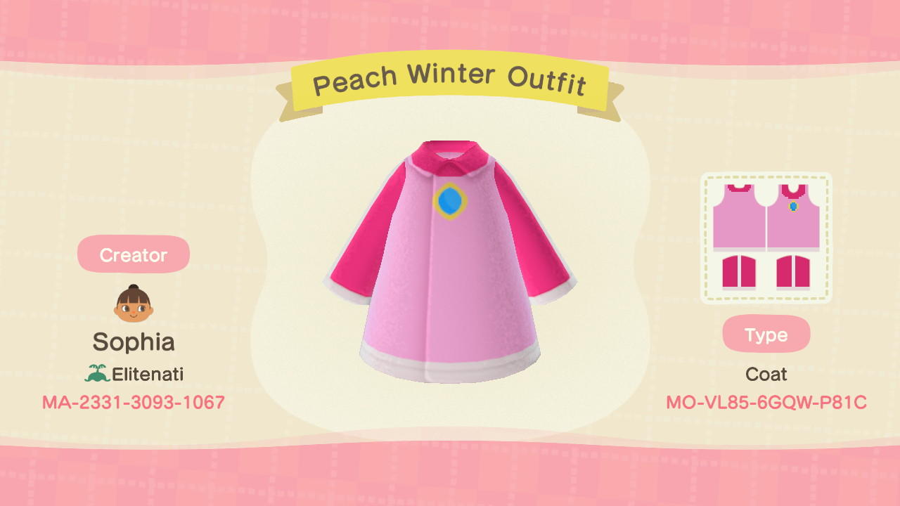 Animal Crossing Design Code: MO-VL85-6GQW-P81C Peach Winter Outfit