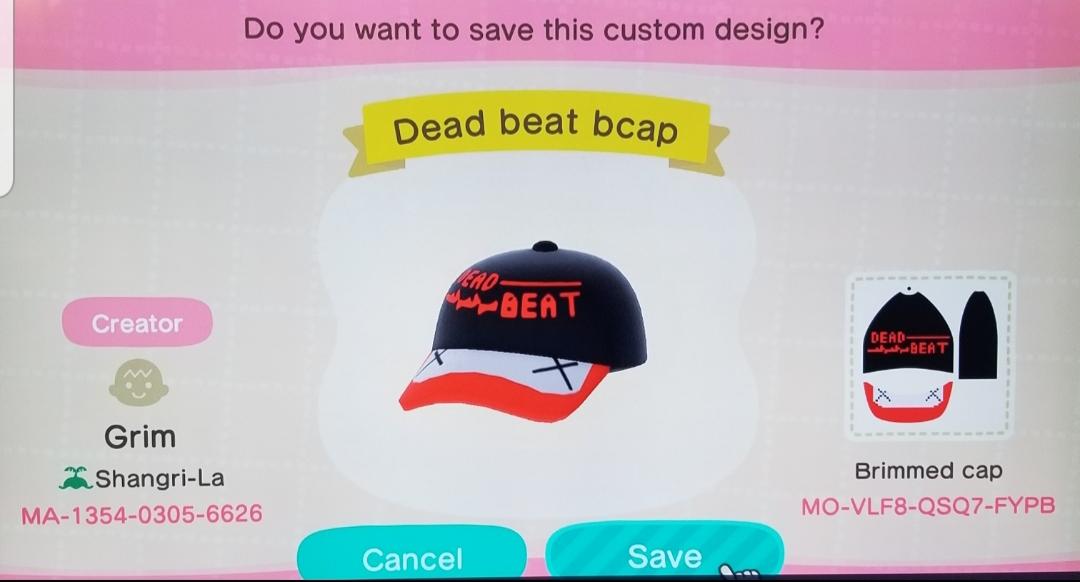 Animal Crossing Design Code: MO-VLF8-QSQ7-FYPB Dead beat bcap