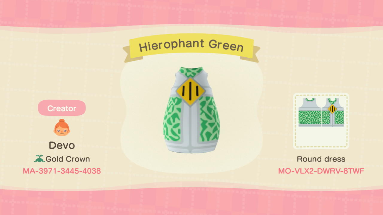 Animal Crossing Design Code: MO-VLX2-DWRV-8TWF Hierophant Green