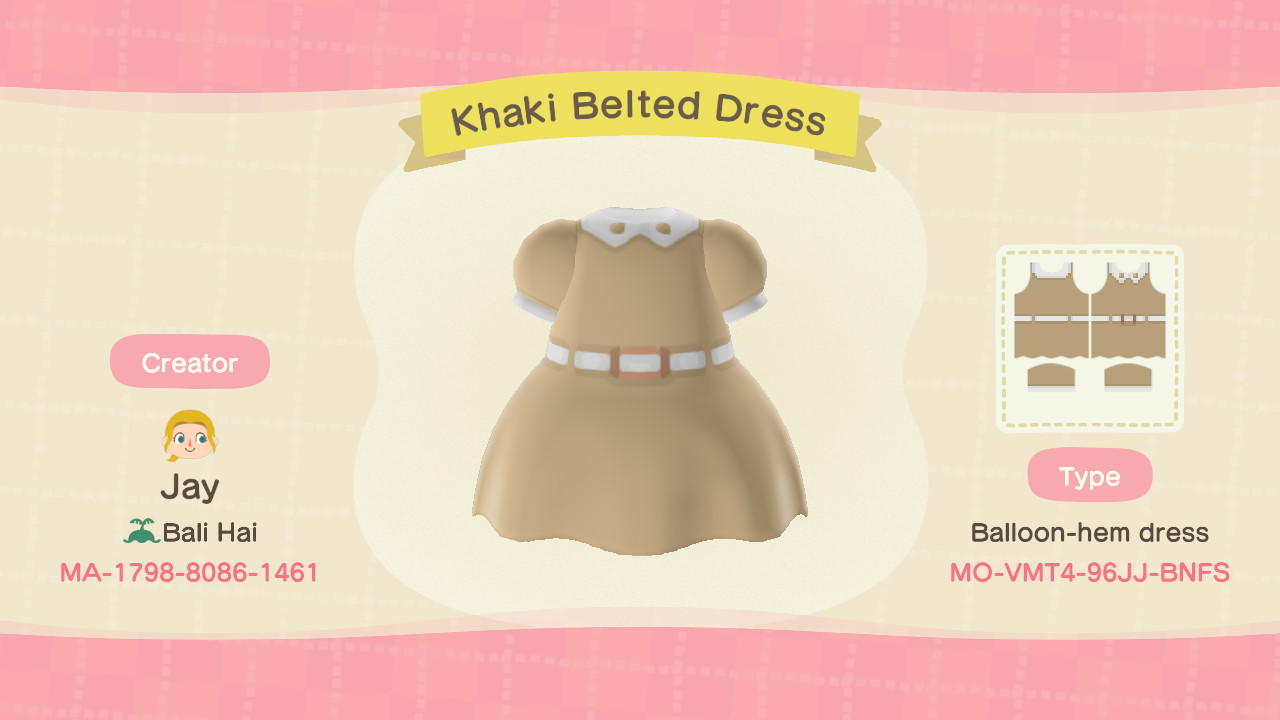 Animal Crossing Design Code: MO-VMT4-96JJ-BNFS Khaki Belted Dress