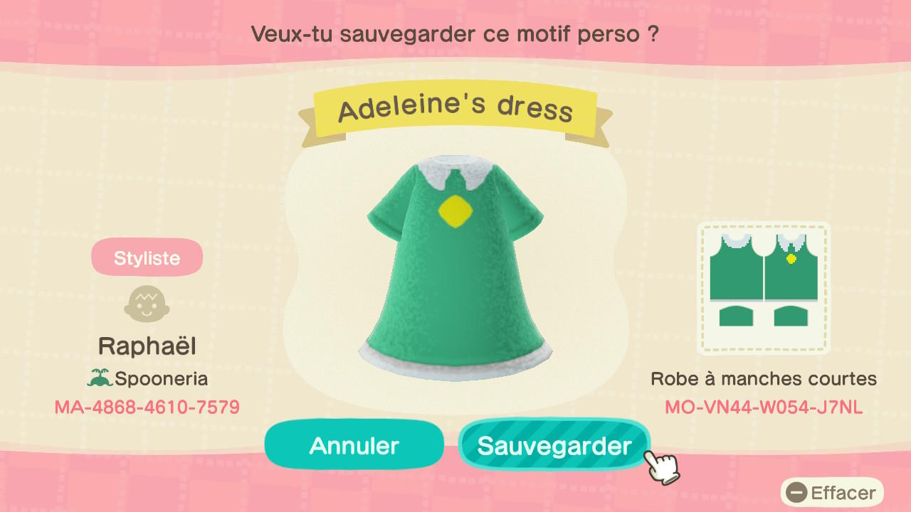 Animal Crossing Design Code: MO-VN44-W054-J7NL Adeleine&#39;s dress