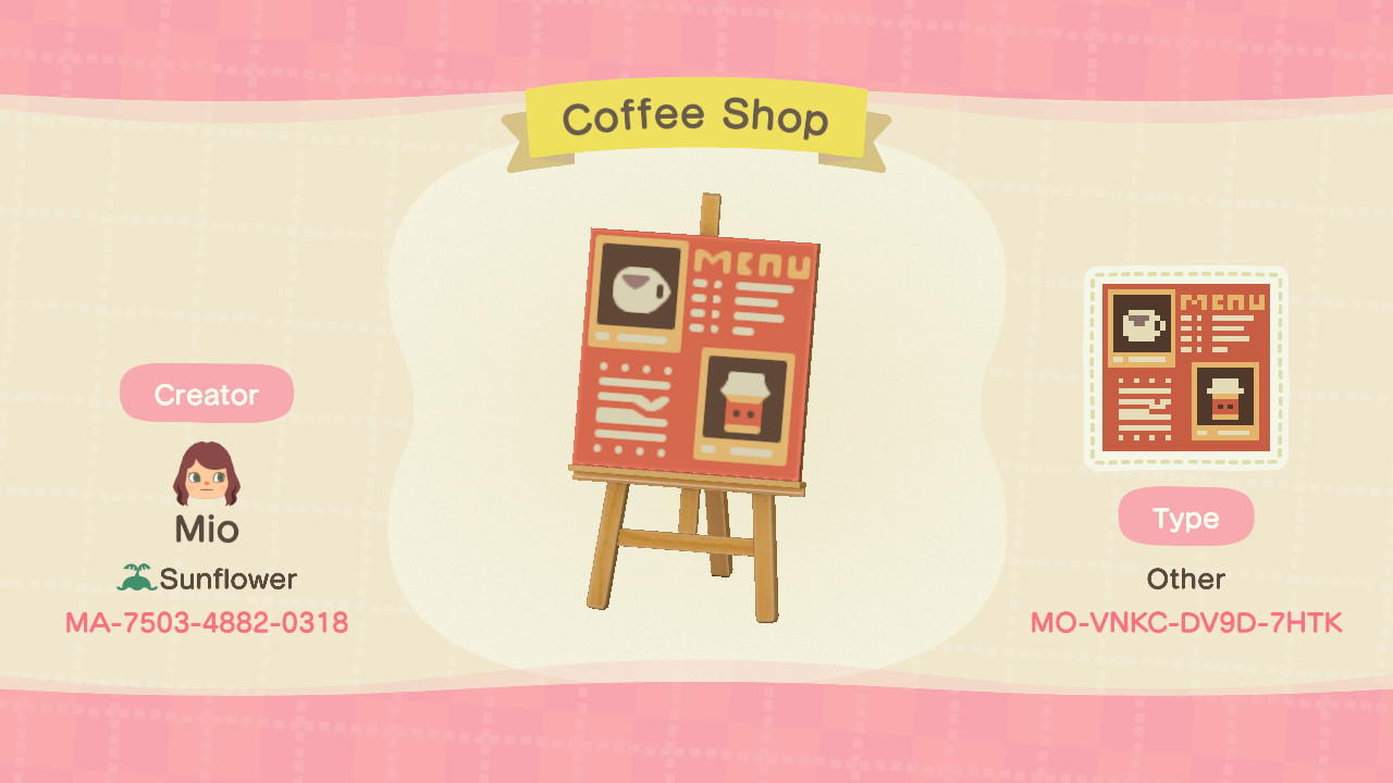 Animal Crossing Design Code: MO-VNKC-CV9D-7HTK Coffee Shop