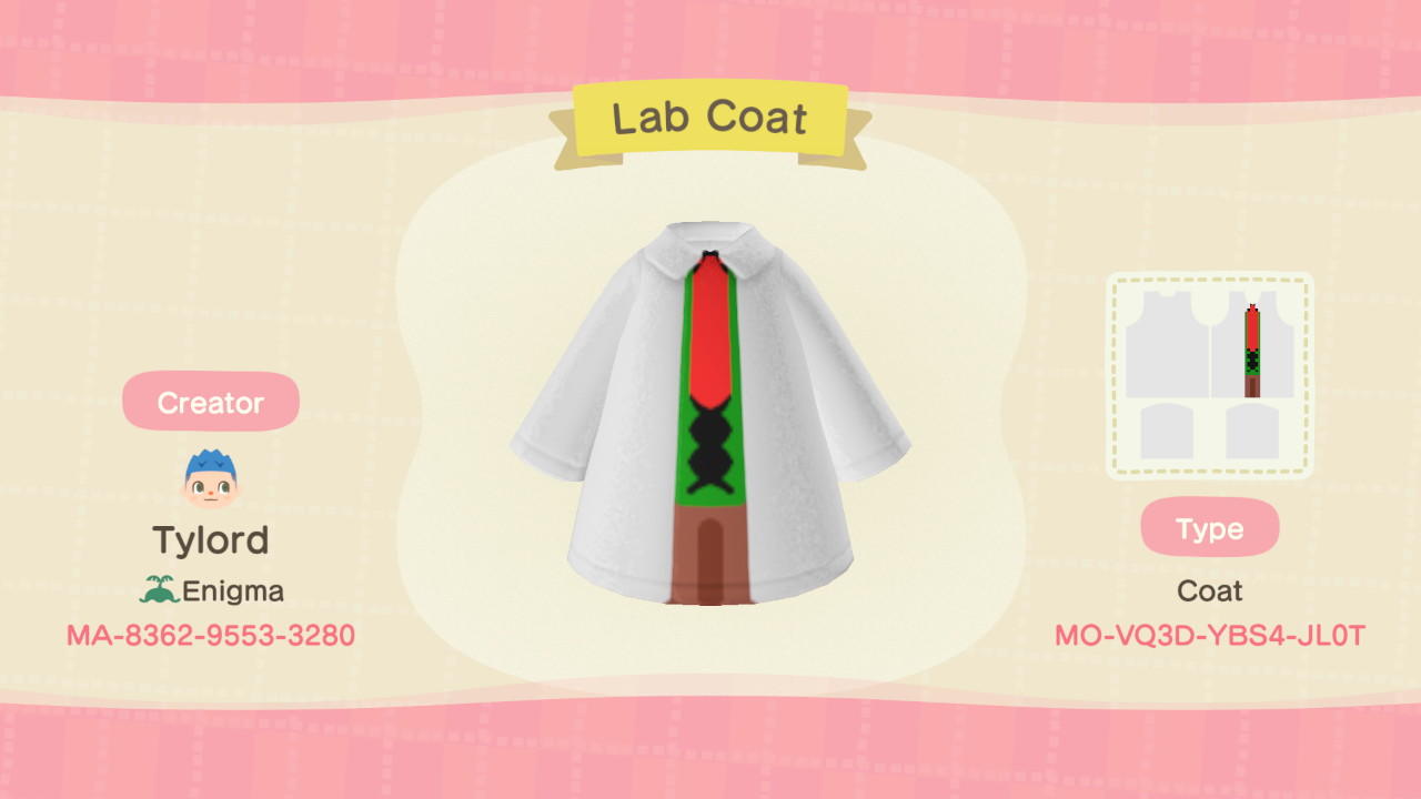 Animal Crossing Design Code: MO-VO3D-YBS4-JL0T Lab Coat