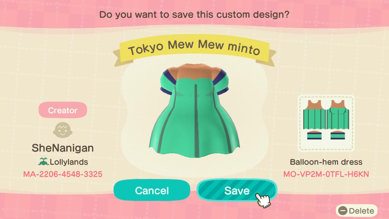 Animal Crossing Design Code: MO-VP2M-0TFL-H6KN Tokyo Mew Mew minto