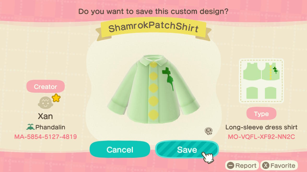 Animal Crossing Design Code: MO-VQFL-XF92-NN2C Shamrock Patch Shirt