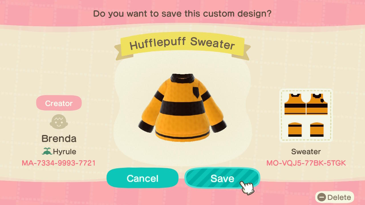 Animal Crossing Design Code: MO-VQJ5-77BK-5TGK Hufflepuff Sweater