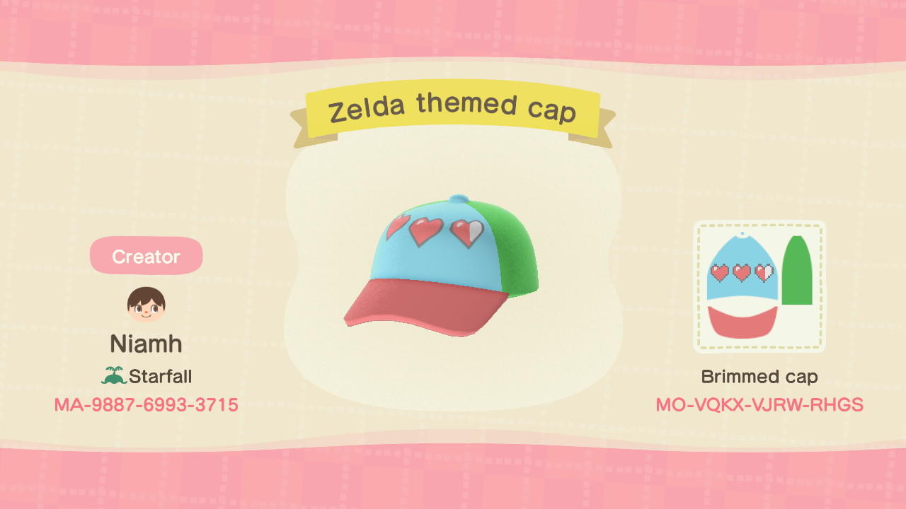 Animal Crossing Design Code: MO-VQKX-VJRW-RHGS Zelda themed cap