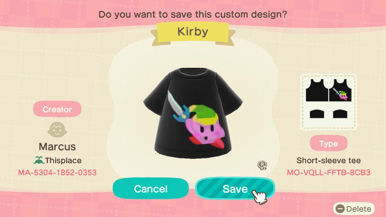 Animal Crossing Design Code: MO-VQLL-FFTB-8CB3 Sword Kirby