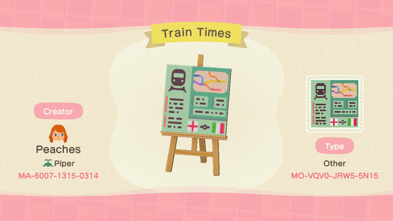 Animal Crossing Design Code: MO-VQV0-JRW5-5N15 Train Schedule Panel