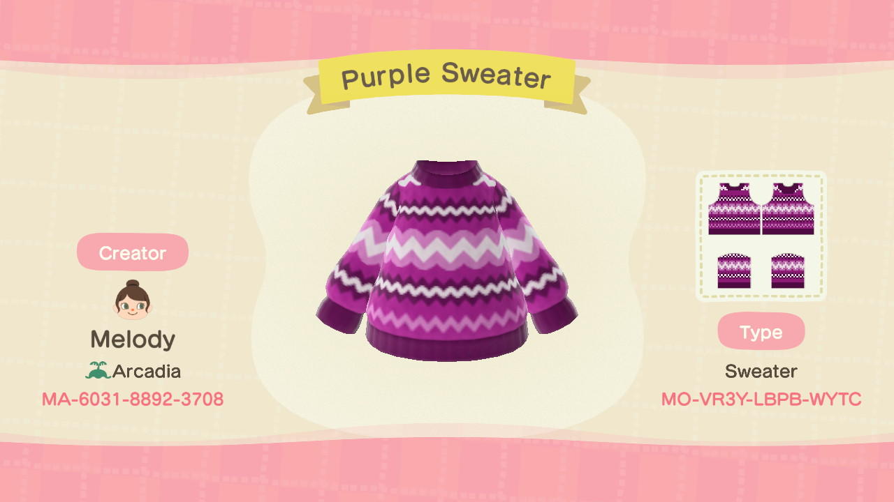 Animal Crossing Design Code: MO-VR3Y-LBPB-WYTC Purple Sweater