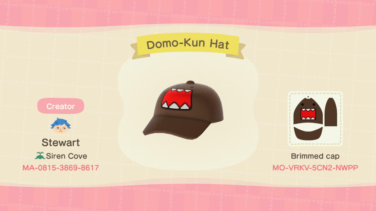 Animal Crossing Design Code: MO-VRKV-5CN2-NWPP Domo-Kun Hat