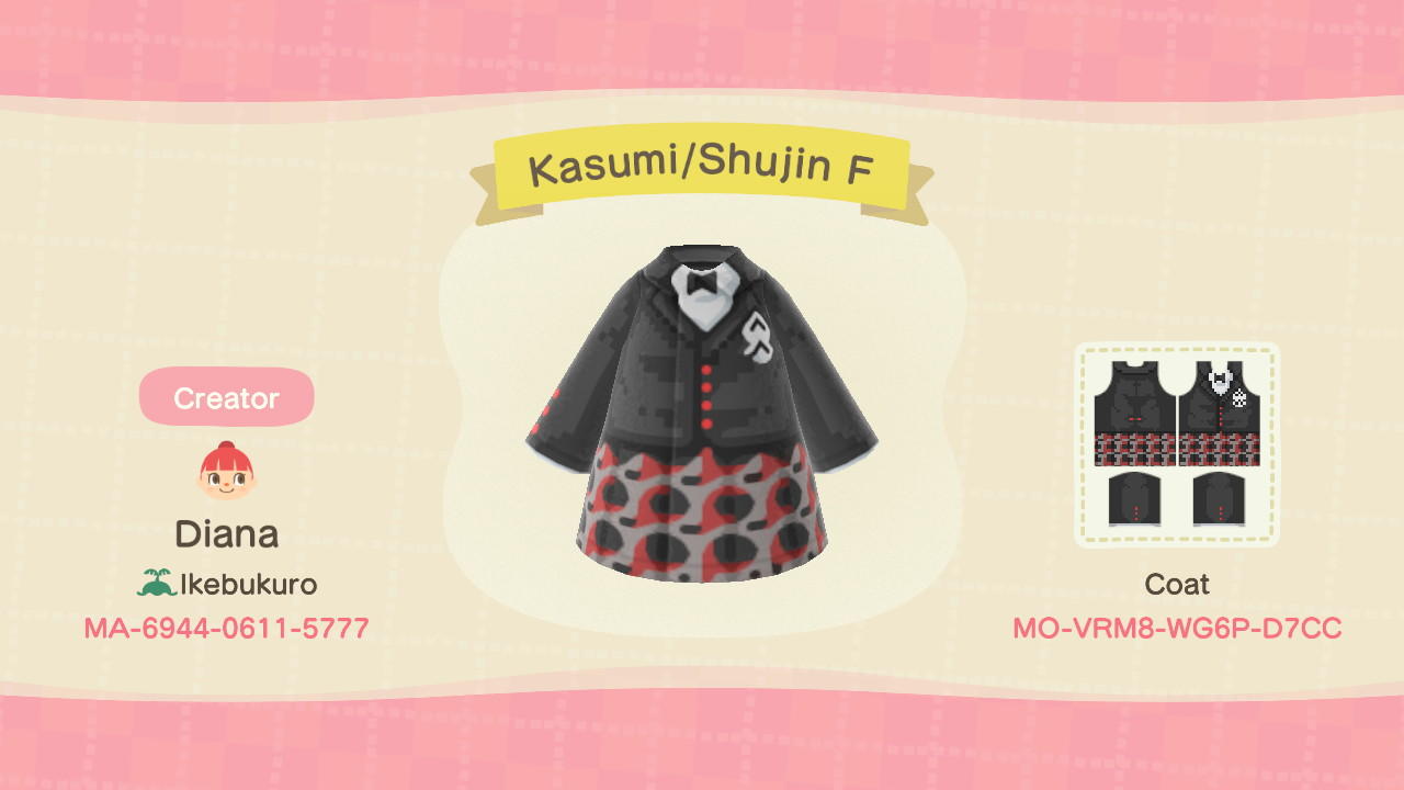 Animal Crossing Design Code: MO-VRM8-WG6P-D7CC Kasumi/Shujin F