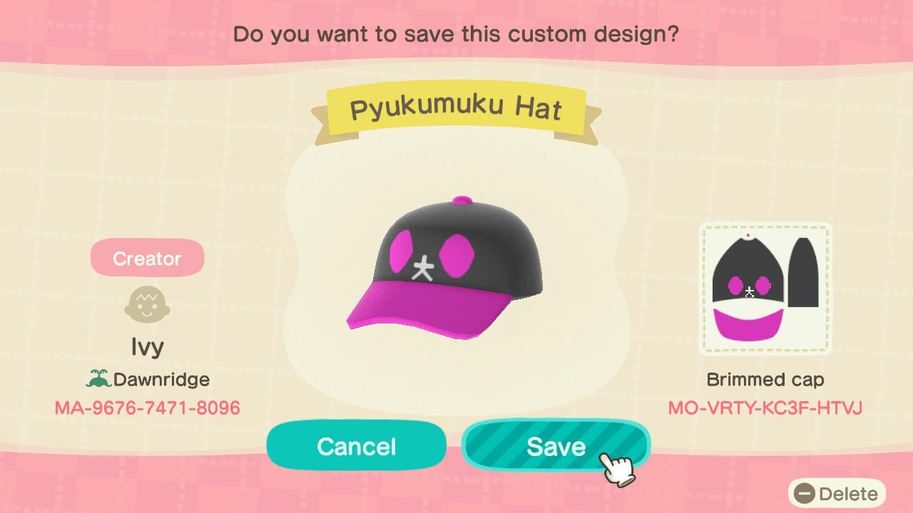 Animal Crossing Design Code: MO-VRTY-KC3F-HTVJ Pyukumuku Hat