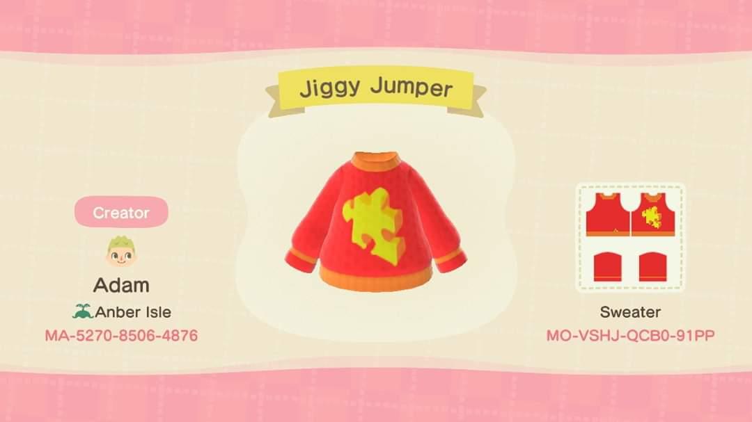 Animal Crossing Design Code: MO-VSHJ-QCB0-91PP Jiggy Jumper