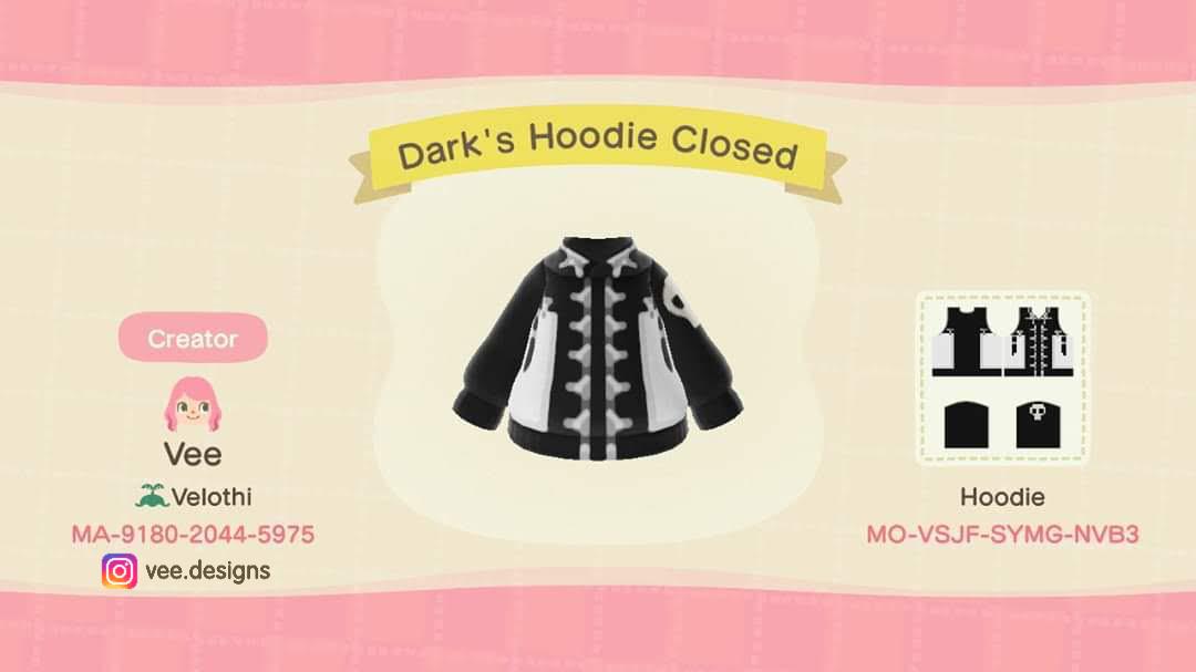 Animal Crossing Design Code: MO-VSJF-SYMG-NVB3 Darks Hoodie Closed