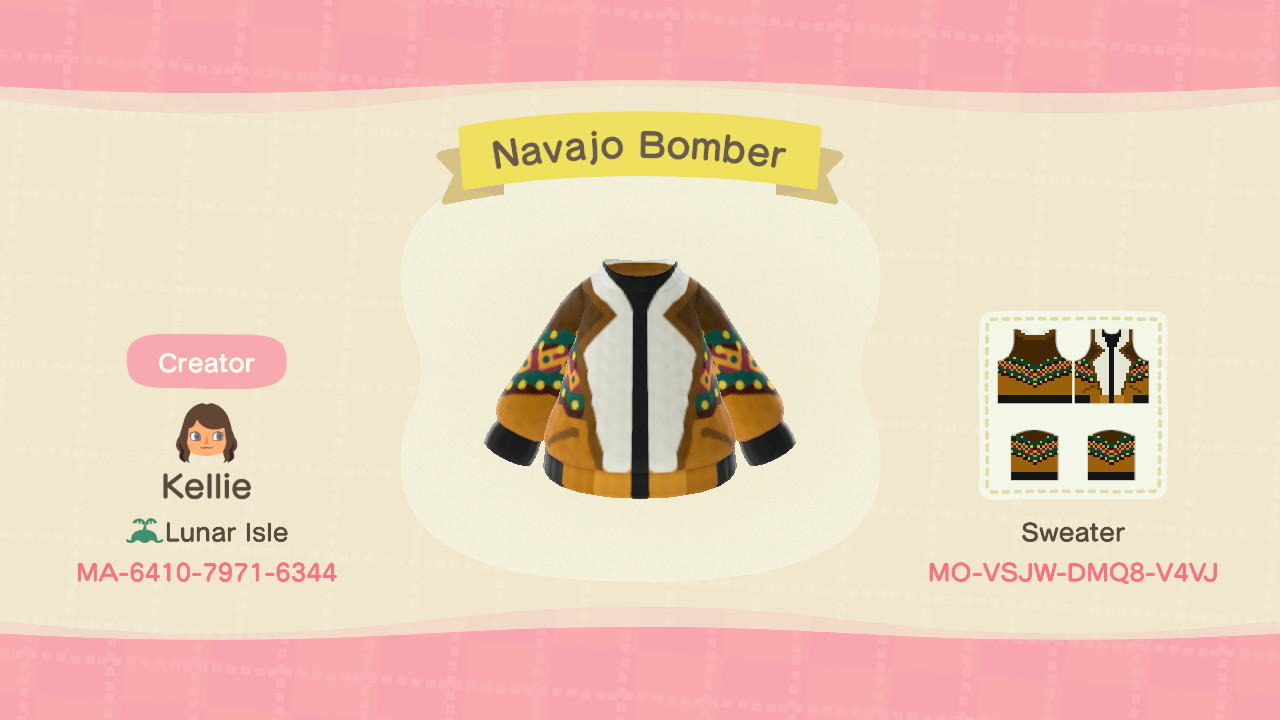 Animal Crossing Design Code: MO-VSJW-DMQ8-V4VJ Navajo bomber