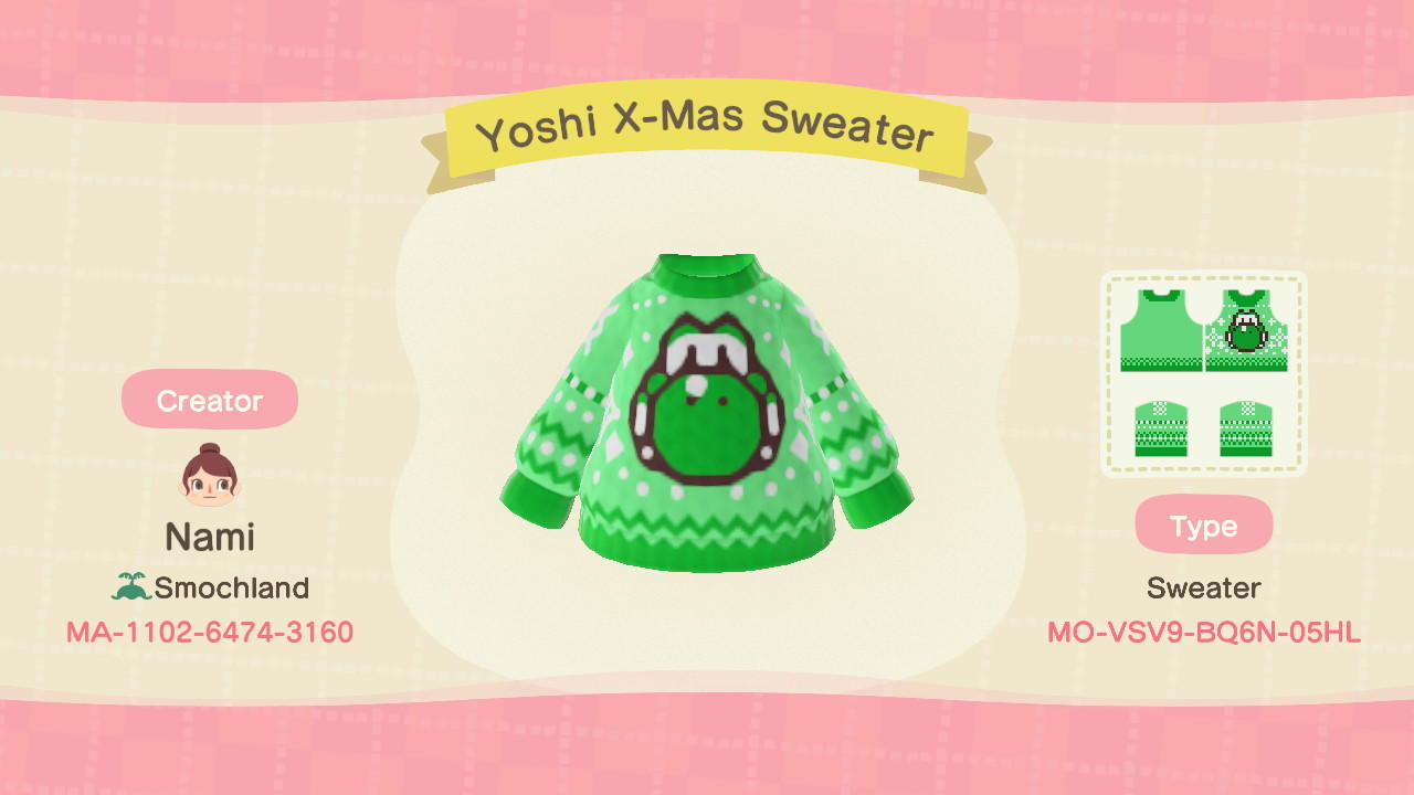 Animal Crossing Design Code: MO-VSV9-BQ6N-05HL Yoshi X-Mas Sweater
